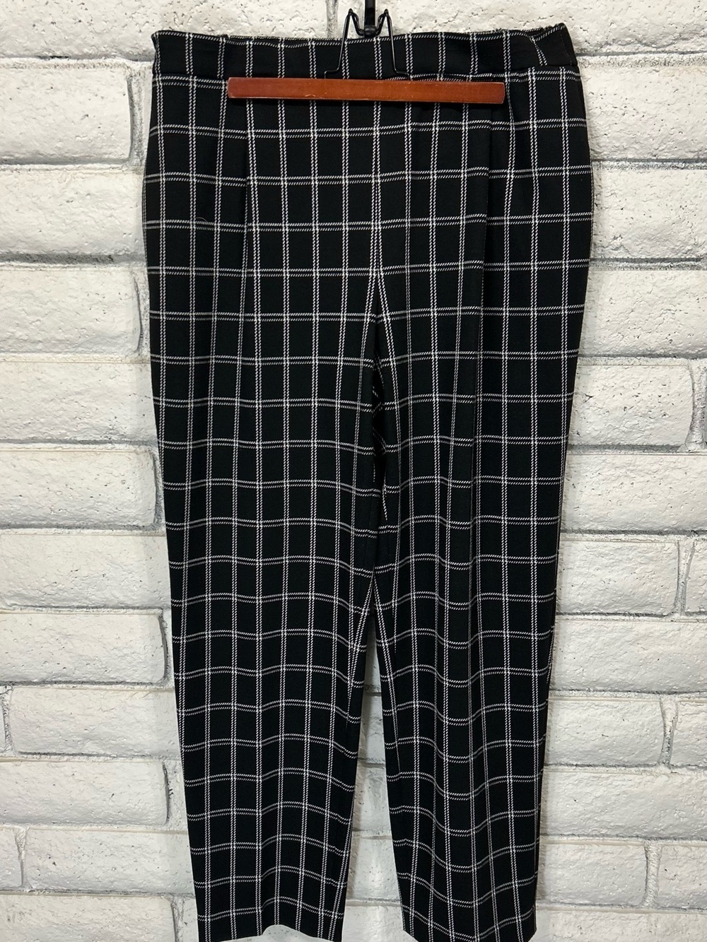 Bar III Windowpane Plaid Ankle Pants Women's Large Black White Pull On‎